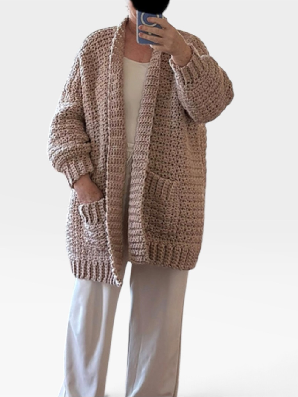 Handmade Crochet Kima Cardi Toni Lipsey Design XL Taupe Bulky Wool Blend Cardiga